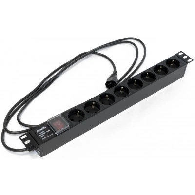 Hyperline SHE19-8SH-S-2.5IEC Блок розеток для 19 шкафов, горизонтальный, 8 розеток Schuko, выключатель с подсветкой, кабель питания 2.5м (3х1.0мм2) с вилкой IEC320 C14 10A, 250В, 482.6x44.4x44.4мм (ШхГхВ), корпус алюминий, черный Hyperline SHE19-8SH-S-2.5IEC Блок розеток для 19 шкафов, горизонтальный, 8 розеток Schuko, выключатель с подсветкой, кабель питания 2.5м (3х1.0мм2) с вилкой IEC320 C14 10A, 250В, 482.6x44.4x44.4мм (ШхГхВ), корпус алюминий, черный