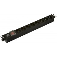 Hyperline SHE19-8SH-S-CB Блок розеток для 19 шкафов, горизонтальный, 8 розеток Schuko, выключатель с подсветкой, без кабеля питания, клеммная колодка 16A, 250В, 482.6x44.4x44.4мм (ШхГхВ), корпус алюминий, черный