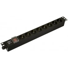 Hyperline SHE19-8SH-S-CB Блок розеток для 19 шкафов, горизонтальный, 8 розеток Schuko, выключатель с подсветкой, без кабеля питания, клеммная колодка 16A, 250В, 482.6x44.4x44.4мм (ШхГхВ), корпус алюминий, черный