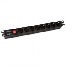 Hyperline SHE19-8SH-S-IEC Блок розеток для 19 шкафов, горизонтальный, 8 розеток Schuko, выключатель с подсветкой, без кабеля питания, входной разъем IEC320 C14 10А, 250В, 482.6x116.0x44.4мм (ШхГхВ), корпус алюминий, черный