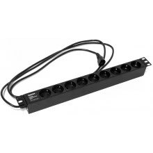 Hyperline SHE19-9SH-2.5IEC Блок розеток для 19 шкафов, горизонтальный, 9 розеток Schuko, 10A, кабель питания 2.5м (3х1.0мм2) с вилкой IEC320 C14, 482.6x44.4x44.4мм (ШхГхВ), корпус алюминий, черный