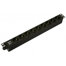 Hyperline SHE19-9SH-CB Блок розеток для 19 шкафов, горизонтальный, 9 розеток Schuko, без кабеля питания, клеммная колодка 16A, 250В, 482.6x44.4x44.4мм (ШхГхВ), корпус алюминий, черный