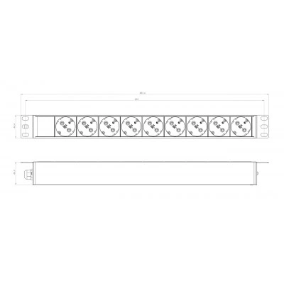 Hyperline SHE19-9SH-CB Блок розеток для 19 шкафов, горизонтальный, 9 розеток Schuko, без кабеля питания, клеммная колодка 16A, 250В, 482.6x44.4x44.4мм (ШхГхВ), корпус алюминий, черный Hyperline SHE19-9SH-CB Блок розеток для 19 шкафов, горизонтальный, 9 розеток Schuko, без кабеля питания, клеммная колодка 16A, 250В, 482.6x44.4x44.4мм (ШхГхВ), корпус алюминий, черный