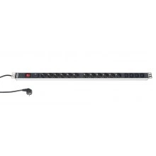 Hyperline SHT-12SH-4IEC-SF-2.5EU Блок розеток, вертикальный, 12 розеток Schuko, 4 розетки IEC320 C13, выкл. с подсветкой, защита от перенапр. (сменн. блок), кабель питания 2.5м (3х1.5мм2) с вилкой Schuko 16A, 250В, 944x44.4x44.4мм (ДхШхВ), копрус алюминий