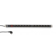 Hyperline SHT-12SH-S-2.5EU Блок розеток, вертикальный, 12 розеток Schuko, выключатель с подсветкой, кабель питания 2.5м (3х1.5мм2) с вилкой Schuko 16A, 250В, 700x44.4x44.4 мм (ДхШхВ), копрус алюминий