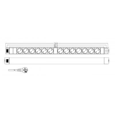Hyperline SHT-13SH-2.5EU Блок розеток, вертикальный, 13 розеток Schuko, кабель питания 2.5м (3х1.5мм2) с вилкой Schuko 16A, 250В, 668x44.4x44.4мм (ДхШхВ), копрус алюминий Hyperline SHT-13SH-2.5EU Блок розеток, вертикальный, 13 розеток Schuko, кабель питания 2.5м (3х1.5мм2) с вилкой Schuko 16A, 250В, 668x44.4x44.4мм (ДхШхВ), копрус алюминий