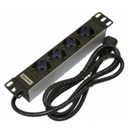 Hyperline SHT10L-4SH-IEC Блок розеток для 10 шкафов, горизонтальный, 4 розетки Schuko, входной разъем IEC320 C14 10A, 250В, установочный размер 254 мм, 277х44.4х44.4мм (ДхШхВ), корпус алюминий