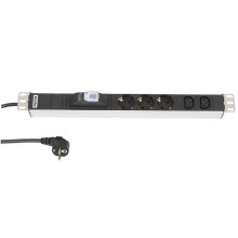 Hyperline SHT19-3SH-2IEC-B-2.5EU Блок розеток для 19 шкафов, горизонтальный, 3 розетки Schuko, 2 розетки IEC320 C13, автоматический выключатель, кабель питания 2.5м (3х1.5мм2) с вилкой Schuko 16A, 250В, 482.6x44.4x44.4мм (ШхГхВ), копрус алюминий