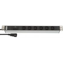 Hyperline SHT19-6IEC-F-2.5IEC Блок розеток для 19 шкафов, горизонтальный, 6 розеток IEC320 C13, защита от перенапряжения (сменный блок), кабель питания 2.5м (3х1.0мм2) с вилкой IEC320 C14 10A, 250В, 482.6x44.4x44.4мм (ШхГхВ), корпус алюминий