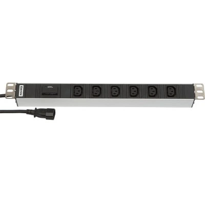Hyperline SHT19-6IEC-F-2.5IEC Блок розеток для 19 шкафов, горизонтальный, 6 розеток IEC320 C13, защита от перенапряжения (сменный блок), кабель питания 2.5м (3х1.0мм2) с вилкой IEC320 C14 10A, 250В, 482.6x44.4x44.4мм (ШхГхВ), корпус алюминий Hyperline SHT19-6IEC-F-2.5IEC Блок розеток для 19 шкафов, горизонтальный, 6 розеток IEC320 C13, защита от перенапряжения (сменный блок), кабель питания 2.5м (3х1.0мм2) с вилкой IEC320 C14 10A, 250В, 482.6x44.4x44.4мм (ШхГхВ), корпус алюминий