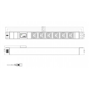Hyperline SHT19-6IEC-F-2.5IEC Блок розеток для 19 шкафов, горизонтальный, 6 розеток IEC320 C13, защита от перенапряжения (сменный блок), кабель питания 2.5м (3х1.0мм2) с вилкой IEC320 C14 10A, 250В, 482.6x44.4x44.4мм (ШхГхВ), корпус алюминий Hyperline SHT19-6IEC-F-2.5IEC Блок розеток для 19 шкафов, горизонтальный, 6 розеток IEC320 C13, защита от перенапряжения (сменный блок), кабель питания 2.5м (3х1.0мм2) с вилкой IEC320 C14 10A, 250В, 482.6x44.4x44.4мм (ШхГхВ), корпус алюминий