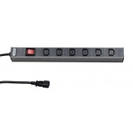 Hyperline SHT19-6IEC-S-2.5IEC Блок розеток для 19 шкафов, горизонтальный, 6 розеток IEC320 C13, выключатель с подсветкой, кабель питания 2.5м (3х1.0мм2) с вилкой IEC320 C14 10A, 250В, 482.6x44.4x44.4мм (ШхГхВ), корпус алюминий