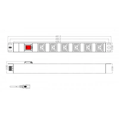 Hyperline SHT19-6IEC-S-2.5IEC Блок розеток для 19 шкафов, горизонтальный, 6 розеток IEC320 C13, выключатель с подсветкой, кабель питания 2.5м (3х1.0мм2) с вилкой IEC320 C14 10A, 250В, 482.6x44.4x44.4мм (ШхГхВ), корпус алюминий Hyperline SHT19-6IEC-S-2.5IEC Блок розеток для 19 шкафов, горизонтальный, 6 розеток IEC320 C13, выключатель с подсветкой, кабель питания 2.5м (3х1.0мм2) с вилкой IEC320 C14 10A, 250В, 482.6x44.4x44.4мм (ШхГхВ), корпус алюминий