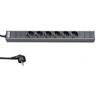 Hyperline SHT19-6SH-2.5EU Блок розеток для 19 шкафов, горизонтальный, 6 розеток Schuko, кабель питания 2.5м (3х1.5мм2) с вилкой Schuko 16A, 250В, 482.6x44.4x44.4мм (ШхГхВ), корпус алюминий