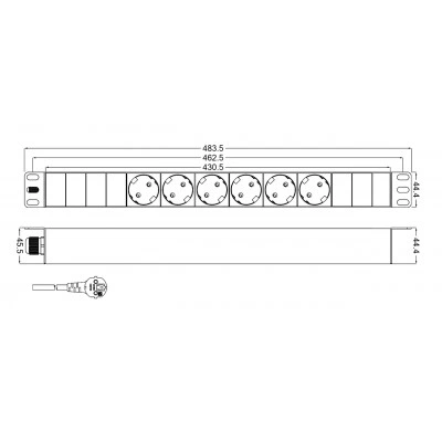 Hyperline SHT19-6SH-2.5EU Блок розеток для 19 шкафов, горизонтальный, 6 розеток Schuko, кабель питания 2.5м (3х1.5мм2) с вилкой Schuko 16A, 250В, 482.6x44.4x44.4мм (ШхГхВ), корпус алюминий Hyperline SHT19-6SH-2.5EU Блок розеток для 19 шкафов, горизонтальный, 6 розеток Schuko, кабель питания 2.5м (3х1.5мм2) с вилкой Schuko 16A, 250В, 482.6x44.4x44.4мм (ШхГхВ), корпус алюминий