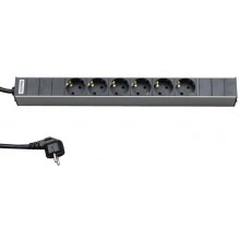 Hyperline SHT19-6SH-2.5EU Блок розеток для 19" шкафов, горизонтальный, 6 розеток Schuko, кабель питания 2.5м (3х1.5мм2) с вилкой Schuko 16A, 250В, 482.6x44.4x44.4мм (ШхГхВ), корпус алюминий