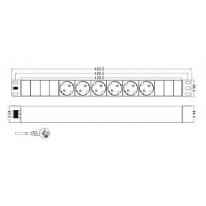 Hyperline SHT19-6SH-2.5EU Блок розеток для 19" шкафов, горизонтальный, 6 розеток Schuko, кабель питания 2.5м (3х1.5мм2) с вилкой Schuko 16A, 250В, 482.6x44.4x44.4мм (ШхГхВ), корпус алюминий Hyperline SHT19-6SH-2.5EU Блок розеток для 19" шкафов, горизонтальный, 6 розеток Schuko, кабель питания 2.5м (3х1.5мм2) с вилкой Schuko 16A, 250В, 482.6x44.4x44.4мм (ШхГхВ), корпус алюминий
