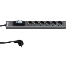 Hyperline SHT19-6SH-B-2.5EU Блок розеток для 19 шкафов, горизонтальный, 6 розеток Schuko, автоматический выключатель, кабель питания 2.5м (3х1.5мм2) с вилкой Schuko 16A, 250В, 482.6x44.4x44.4мм (ШхГхВ), корпус алюминий