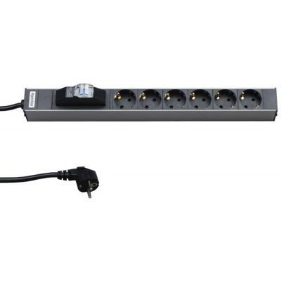 Hyperline SHT19-6SH-B-2.5EU Блок розеток для 19 шкафов, горизонтальный, 6 розеток Schuko, автоматический выключатель, кабель питания 2.5м (3х1.5мм2) с вилкой Schuko 16A, 250В, 482.6x44.4x44.4мм (ШхГхВ), корпус алюминий Hyperline SHT19-6SH-B-2.5EU Блок розеток для 19 шкафов, горизонтальный, 6 розеток Schuko, автоматический выключатель, кабель питания 2.5м (3х1.5мм2) с вилкой Schuko 16A, 250В, 482.6x44.4x44.4мм (ШхГхВ), корпус алюминий