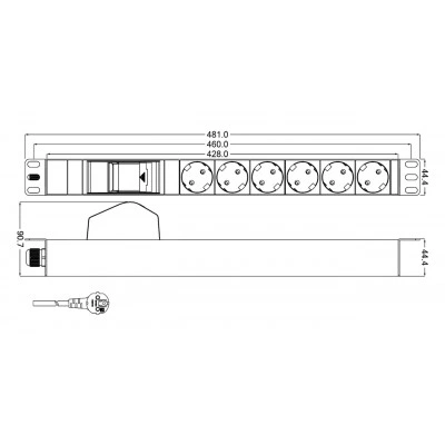 Hyperline SHT19-6SH-B-2.5EU Блок розеток для 19 шкафов, горизонтальный, 6 розеток Schuko, автоматический выключатель, кабель питания 2.5м (3х1.5мм2) с вилкой Schuko 16A, 250В, 482.6x44.4x44.4мм (ШхГхВ), корпус алюминий Hyperline SHT19-6SH-B-2.5EU Блок розеток для 19 шкафов, горизонтальный, 6 розеток Schuko, автоматический выключатель, кабель питания 2.5м (3х1.5мм2) с вилкой Schuko 16A, 250В, 482.6x44.4x44.4мм (ШхГхВ), корпус алюминий