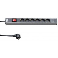 Hyperline SHT19-6SH-S-2.5EU Блок розеток для 19 шкафов, горизонтальный, 6 розеток Schuko, выключатель с подсветкой, кабель питания 2.5м (3х1.5мм2) с вилкой Schuko 16A, 250В, 482.6x44.4x44.4мм (ШхГхВ), корпус алюминий