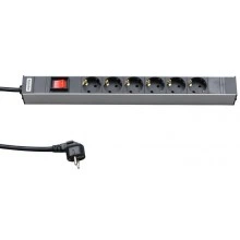 Hyperline SHT19-6SH-S-2.5EU Блок розеток для 19 шкафов, горизонтальный, 6 розеток Schuko, выключатель с подсветкой, кабель питания 2.5м (3х1.5мм2) с вилкой Schuko 16A, 250В, 482.6x44.4x44.4мм (ШхГхВ), корпус алюминий