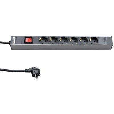 Hyperline SHT19-6SH-S-2.5EU Блок розеток для 19 шкафов, горизонтальный, 6 розеток Schuko, выключатель с подсветкой, кабель питания 2.5м (3х1.5мм2) с вилкой Schuko 16A, 250В, 482.6x44.4x44.4мм (ШхГхВ), корпус алюминий Hyperline SHT19-6SH-S-2.5EU Блок розеток для 19 шкафов, горизонтальный, 6 розеток Schuko, выключатель с подсветкой, кабель питания 2.5м (3х1.5мм2) с вилкой Schuko 16A, 250В, 482.6x44.4x44.4мм (ШхГхВ), корпус алюминий