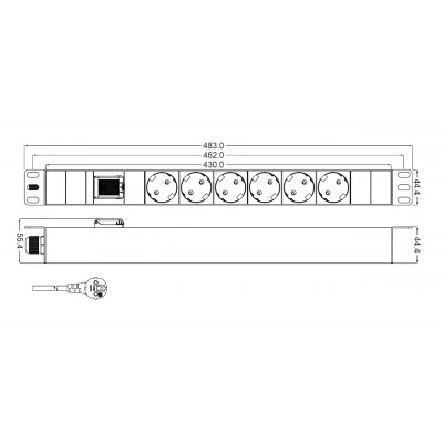 Hyperline SHT19-6SH-S-2.5EU Блок розеток для 19 шкафов, горизонтальный, 6 розеток Schuko, выключатель с подсветкой, кабель питания 2.5м (3х1.5мм2) с вилкой Schuko 16A, 250В, 482.6x44.4x44.4мм (ШхГхВ), корпус алюминий Hyperline SHT19-6SH-S-2.5EU Блок розеток для 19 шкафов, горизонтальный, 6 розеток Schuko, выключатель с подсветкой, кабель питания 2.5м (3х1.5мм2) с вилкой Schuko 16A, 250В, 482.6x44.4x44.4мм (ШхГхВ), корпус алюминий