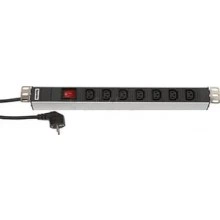 Hyperline SHT19-7IEC-S-2.5EU Блок розеток для 19 шкафов, горизонтальный, 7 розеток IEC320 C13, выключатель с подсветкой, кабель питания 2.5м (3х1.5мм2) с вилкой Schuko 16A, 250В, 482.6x44.4x44.4мм (ШхГхВ), корпус алюминий