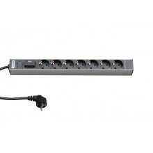 Hyperline SHT19-7SH-IF-2.5EU Блок розеток для 19 шкафов, горизонтальный, 7 розеток Schuko, индикатор питания, защита от перенапряжения (сменный блок), кабель питания 2.5м (3х1.5мм2) с вилкой Schuko 16A, 250В, 482.6x44.4x44.4мм (ШхГхВ), корпус алюминий