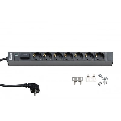 Hyperline SHT19-7SH-IF-2.5EU Блок розеток для 19 шкафов, горизонтальный, 7 розеток Schuko, индикатор питания, защита от перенапряжения (сменный блок), кабель питания 2.5м (3х1.5мм2) с вилкой Schuko 16A, 250В, 482.6x44.4x44.4мм (ШхГхВ), корпус алюминий Hyperline SHT19-7SH-IF-2.5EU Блок розеток для 19 шкафов, горизонтальный, 7 розеток Schuko, индикатор питания, защита от перенапряжения (сменный блок), кабель питания 2.5м (3х1.5мм2) с вилкой Schuko 16A, 250В, 482.6x44.4x44.4мм (ШхГхВ), корпус алюминий