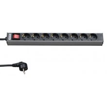 Hyperline SHT19-8SH-S-2.5EU Блок розеток для 19 шкафов, горизонтальный, 8 розеток Schuko, выключатель с подсветкой, кабель питания 2.5м (3х1.5мм2) с вилкой Schuko 16A, 250В, 482.6x44.4x44.4мм (ШхГхВ), корпус алюминий