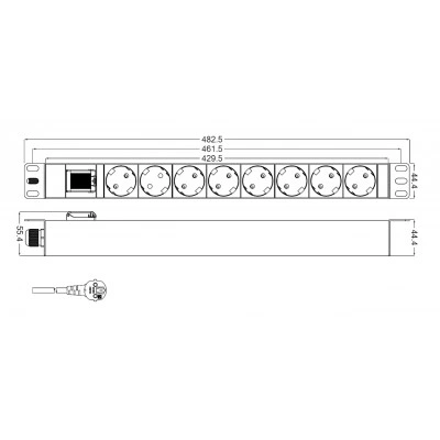 Hyperline SHT19-8SH-S-2.5EU Блок розеток для 19 шкафов, горизонтальный, 8 розеток Schuko, выключатель с подсветкой, кабель питания 2.5м (3х1.5мм2) с вилкой Schuko 16A, 250В, 482.6x44.4x44.4мм (ШхГхВ), корпус алюминий Hyperline SHT19-8SH-S-2.5EU Блок розеток для 19 шкафов, горизонтальный, 8 розеток Schuko, выключатель с подсветкой, кабель питания 2.5м (3х1.5мм2) с вилкой Schuko 16A, 250В, 482.6x44.4x44.4мм (ШхГхВ), корпус алюминий