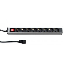 Hyperline SHT19-8SH-S-2.5IEC Блок розеток для 19 шкафов, горизонтальный, 8 розеток Schuko, выключатель с подсветкой, кабель питания 2.5м (3х1.0мм2) с вилкой IEC320 C14 10A, 250В, 482.6x44.4x44.4мм (ШхГхВ), корпус алюминий