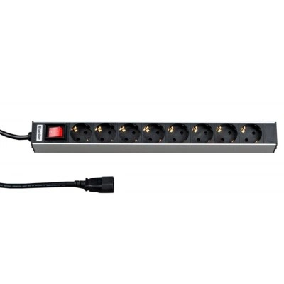 Hyperline SHT19-8SH-S-2.5IEC Блок розеток для 19 шкафов, горизонтальный, 8 розеток Schuko, выключатель с подсветкой, кабель питания 2.5м (3х1.0мм2) с вилкой IEC320 C14 10A, 250В, 482.6x44.4x44.4мм (ШхГхВ), корпус алюминий Hyperline SHT19-8SH-S-2.5IEC Блок розеток для 19 шкафов, горизонтальный, 8 розеток Schuko, выключатель с подсветкой, кабель питания 2.5м (3х1.0мм2) с вилкой IEC320 C14 10A, 250В, 482.6x44.4x44.4мм (ШхГхВ), корпус алюминий