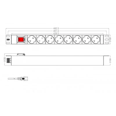 Hyperline SHT19-8SH-S-2.5IEC Блок розеток для 19 шкафов, горизонтальный, 8 розеток Schuko, выключатель с подсветкой, кабель питания 2.5м (3х1.0мм2) с вилкой IEC320 C14 10A, 250В, 482.6x44.4x44.4мм (ШхГхВ), корпус алюминий Hyperline SHT19-8SH-S-2.5IEC Блок розеток для 19 шкафов, горизонтальный, 8 розеток Schuko, выключатель с подсветкой, кабель питания 2.5м (3х1.0мм2) с вилкой IEC320 C14 10A, 250В, 482.6x44.4x44.4мм (ШхГхВ), корпус алюминий