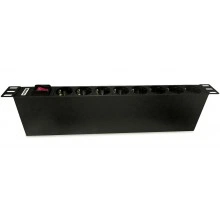 Hyperline SHT19-8SH-S-IEC Блок розеток для 19 шкафов, горизонтальный, 8 розеток Schuko, выкл. с подсветкой, вх. разъем IEC320 C14 10А, 250В, каб. пит. С13-С14 3м (3х1.0мм2) с вилкой IEC320 C14 в компл., 482.6x116.0x44.4мм (ШхГхВ), корпус алюминий, черный