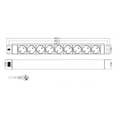 Hyperline SHT19-9SH-2.5EU Блок розеток для 19 шкафов, горизонтальный, 9 розеток Schuko, кабель питания 2.5м (3х1.5мм2) с вилкой Schuko 16A, 250В, 482.6x44.4x44.4мм (ШхГхВ), корпус алюминий Hyperline SHT19-9SH-2.5EU Блок розеток для 19 шкафов, горизонтальный, 9 розеток Schuko, кабель питания 2.5м (3х1.5мм2) с вилкой Schuko 16A, 250В, 482.6x44.4x44.4мм (ШхГхВ), корпус алюминий