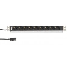 Hyperline SHT19-9SH-2.5IEC Блок розеток для 19 шкафов, горизонтальный, 9 розеток Schuko, 10A, кабель питания 2.5м (3х1.5мм2) с вилкой IEC320 C14 10A, 250В, 482.6x44.4x44.4мм (ШхГхВ), корпус алюминий