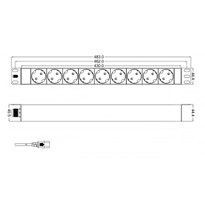 Hyperline SHT19-9SH-2.5IEC Блок розеток для 19 шкафов, горизонтальный, 9 розеток Schuko, 10A, кабель питания 2.5м (3х1.5мм2) с вилкой IEC320 C14 10A, 250В, 482.6x44.4x44.4мм (ШхГхВ), корпус алюминий Hyperline SHT19-9SH-2.5IEC Блок розеток для 19 шкафов, горизонтальный, 9 розеток Schuko, 10A, кабель питания 2.5м (3х1.5мм2) с вилкой IEC320 C14 10A, 250В, 482.6x44.4x44.4мм (ШхГхВ), корпус алюминий