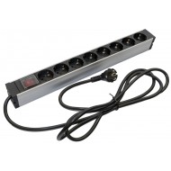 Hyperline SHZ19-8SH-S-2.5EU Блок розеток для 19 шкафов, горизонтальный, 8 розеток Schuko, выключатель с подсветкой, кабель питания 2.5м (3х1.5мм2) с вилкой Schuko 16A, 250В, 482.6x44.4x44.4мм (ШхГхВ), корпус алюминий