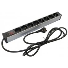Hyperline SHZ19-8SH-S-2.5EU Блок розеток для 19 шкафов, горизонтальный, 8 розеток Schuko, выключатель с подсветкой, кабель питания 2.5м (3х1.5мм2) с вилкой Schuko 16A, 250В, 482.6x44.4x44.4мм (ШхГхВ), корпус алюминий