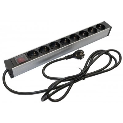 Hyperline SHZ19-8SH-S-2.5EU Блок розеток для 19 шкафов, горизонтальный, 8 розеток Schuko, выключатель с подсветкой, кабель питания 2.5м (3х1.5мм2) с вилкой Schuko 16A, 250В, 482.6x44.4x44.4мм (ШхГхВ), корпус алюминий Hyperline SHZ19-8SH-S-2.5EU Блок розеток для 19 шкафов, горизонтальный, 8 розеток Schuko, выключатель с подсветкой, кабель питания 2.5м (3х1.5мм2) с вилкой Schuko 16A, 250В, 482.6x44.4x44.4мм (ШхГхВ), корпус алюминий