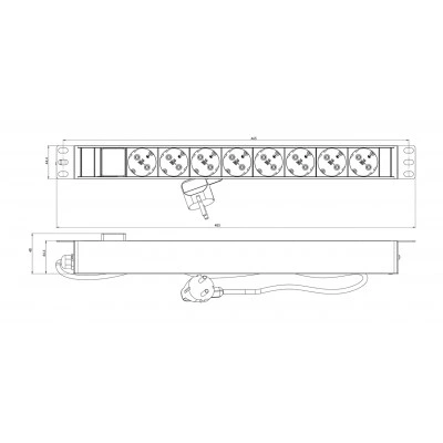 Hyperline SHZ19-8SH-S-2.5EU Блок розеток для 19 шкафов, горизонтальный, 8 розеток Schuko, выключатель с подсветкой, кабель питания 2.5м (3х1.5мм2) с вилкой Schuko 16A, 250В, 482.6x44.4x44.4мм (ШхГхВ), корпус алюминий Hyperline SHZ19-8SH-S-2.5EU Блок розеток для 19 шкафов, горизонтальный, 8 розеток Schuko, выключатель с подсветкой, кабель питания 2.5м (3х1.5мм2) с вилкой Schuko 16A, 250В, 482.6x44.4x44.4мм (ШхГхВ), корпус алюминий