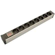 Hyperline SHZ19-8SH-S-IEC Блок розеток для 19 шкафов, горизонтальный, 8 розеток Schuko, выключатель с подсветкой, без кабеля питания, входной разъем IEC320 C14 10А, 250В, 482.6x116.0x44.4мм (ШхГхВ), корпус алюминий