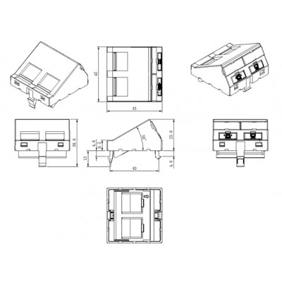 Hyperline SIP3A-2K-M45-45 Вставка угловая 45x45 (аналог Mosaic) для 2х модулей Кeystone Jack, со шторками Hyperline SIP3A-2K-M45-45 Вставка угловая 45x45 (аналог Mosaic) для 2х модулей Кeystone Jack, со шторками