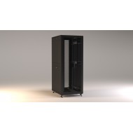 Hyperline TTR-2281-DD-RAL9005 Шкаф напольный 19-дюймовый, 22U, 1166x800х1000 мм (ВхШхГ), передняя и задняя распашные перфорированные двери (75%), ручка с замком, 2 вертикальных кабельных организатора, цвет черный (RAL 9005) (разобранный)